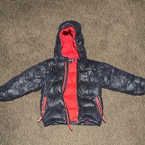 Patagonia Navy and Red Hooded Puffer Jacket